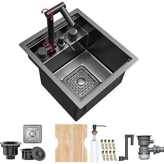 YITAHOME RV Kitchen Black Sink 13 x 15 x 9 Inch, Undermount Gunmetal Black Stainless Steel Single Bowl Small Sink with Swivel Spout, Cutting Board, Soap Dispenser
