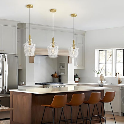 Modern Hammered Glass Pendant Lighting for Kitchen Island 1 Pack, Farmhouse Gold Pendant Light Fixtures, Height Adjustable Ceiling Pendant Light, 8 Inch