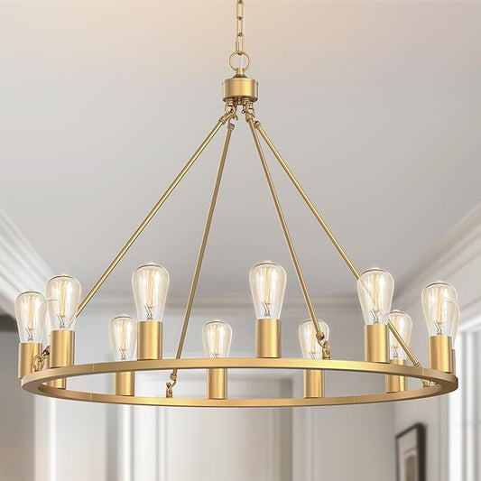 L LOHAS LED Gold Farmhouse Chandeliers for Dining Room, 12-Light Wagon Wheel Chandelier Over Table, Height Adjustable, 32" Dining Room Light Fixture, Modern Chandelier for Kitchen Island Living Room