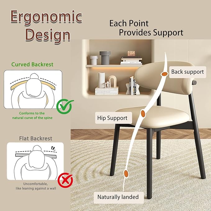 Farmhouse Dining Chairs, French Country Wooden Dinner Chairs with Curved Backrest Oak Frame,Rustic Upholstered Kitchen Chair for Living Room Vanity Lounge,4PCS Ebony/Beige Leather