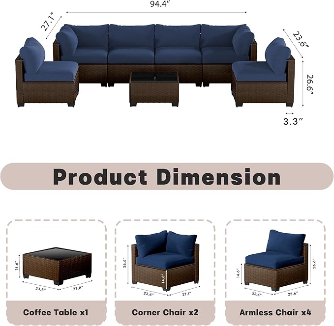 Patio Furniture Set, 7-Piece Outdoor Sectional Couch with Coffee Table & Thick Cushions, Outdoor Wicker Conversation Set for Backyard, Poolside, Garden (Brown-Navy, 7 Piece-Single)