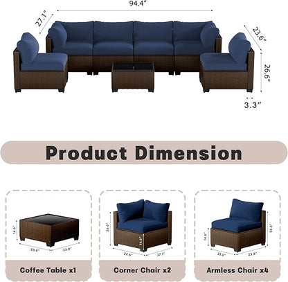 Patio Furniture Set, 7-Piece Outdoor Sectional Couch with Coffee Table & Thick Cushions, Outdoor Wicker Conversation Set for Backyard, Poolside, Garden (Brown-Navy, 7 Piece-Single)