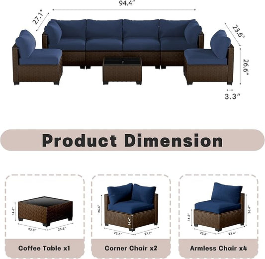 Patio Furniture Set, 7-Piece Outdoor Sectional Couch with Coffee Table & Thick Cushions, Outdoor Wicker Conversation Set for Backyard, Poolside, Garden (Brown-Navy, 7 Piece-Single)