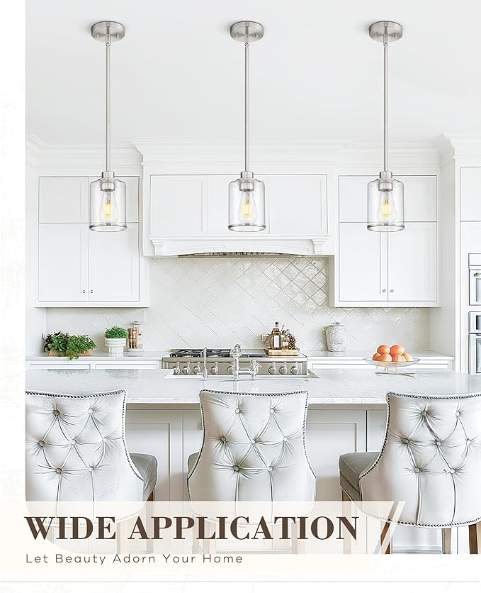 Beionxii Brushed Nickel Pendant Lights Kitchen Island 2 Pack, Hanging Lights Fixtures with Clear Glass, Kitchen Pendant Lighting Over Island, Hanging Lights for Sink Dining Room Entryway BX-PL02BN-2CG