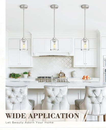 Beionxii Brushed Nickel Pendant Lights Kitchen Island, Hanging Lights Fixtures with Clear Glass, Kitchen Pendant Lighting Over Island, Hanging Lights for Sink, Dining Room, Entryway, BX-PL02BN-CG