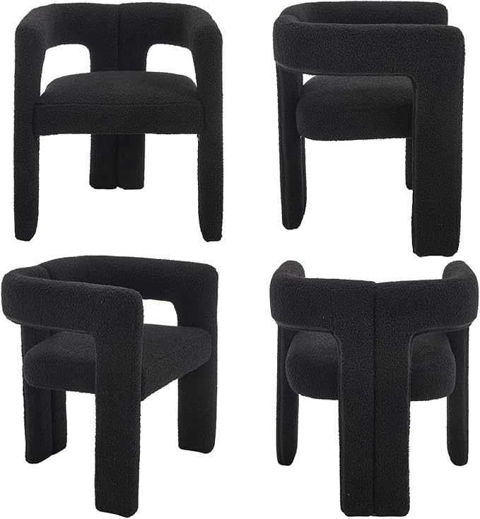 VESCASA Modern Barrel Dining Chairs Set of 2 with Open Back, Upholstered Boucle Accent Kitchen Armchairs with Wood Legs for Dining Room Reception Small Space, Black