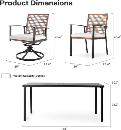 LAUSAINT HOME 7 Pieces Patio Dining Set, Outdoor Furniture Set of 6 Wicker Chairs (2 of Them Swivel) with Soft Cushion and Iron Slats Table Top with Umbrella Hole, Conversation Set for Backyard