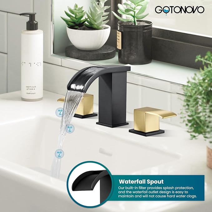 gotonovo Waterfall 8 inch Widespread Bathroom Faucet Set Bathroom Sink Faucet 3 Hole 2 Handle Vanity Lavatory Deck Mount with Pop Up Drain and Water Supply Lines Square Body Brushed Gold and Black