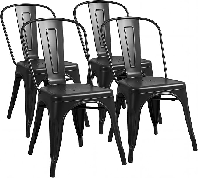Shahoo Metal Dining Chairs Classic Iron Stackable Industrial Vintage Trattoria with Back, Indoor-Outdoor Side Settee for Home Bistro Cafe Kitchen Restaurant Set of 4, Black