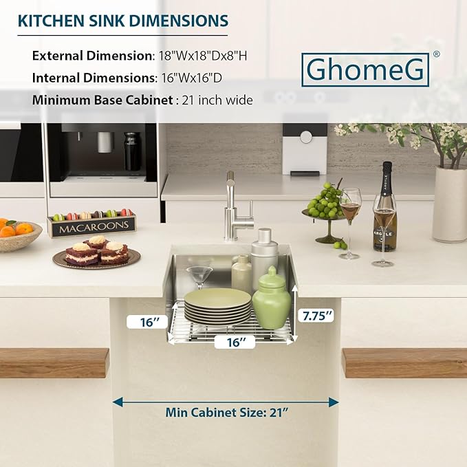 18 Undermount Kitchen Sink 18"x18"x8" Single Bowl 16 Gauge Stainless Steel Under Counter Single Bowl Kitchen Sinks Basin with Drain Strainer