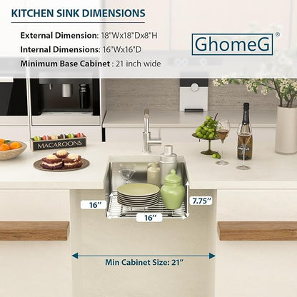 18 Undermount Kitchen Sink 18"x18"x8" Single Bowl 16 Gauge Stainless Steel Under Counter Single Bowl Kitchen Sinks Basin with Drain Strainer