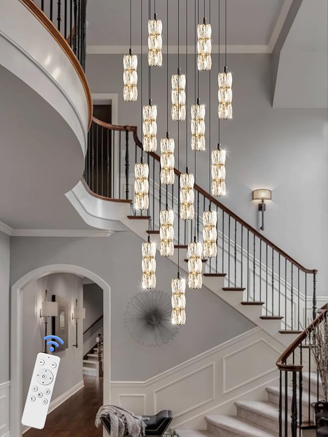 ykolupty H110 Chandelier for High Ceiling 16-Lights Crystal Chandeliers with Remote Large Pendant Light for Living Room Staircase Villa