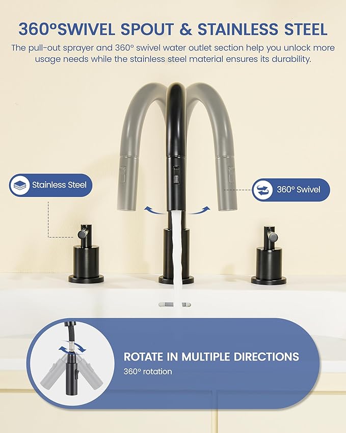 Black Bathroom Faucet 3 Hole - 8 Inch Matte Black Widespread Bathroom Faucet with Sprayer, Sink Faucet Bathroom 2 Handles - Pull Down Vanity Faucets with Pop Up Drain and Supply Lines