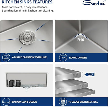 Sarlai 27 Inch Farmhouse Kitchen Sink Stainless Steel - 27x22 Inch Apron Front undermount Ledge Workstation 16 Gauge 304 Stainless Steel Single Bowl Luxury Kitchen Farm Sink