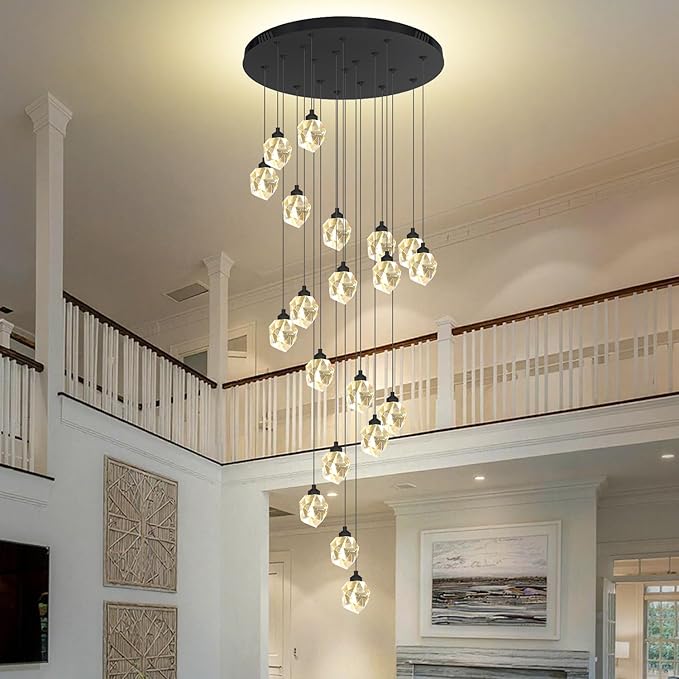 Large High Ceiling Chandeliers Modern Long Spiral Staircase Crystal Chandeliers,K9 Crystal Drop Chandelier for Foyer Entryway 20 Lights Black D28XH135inch