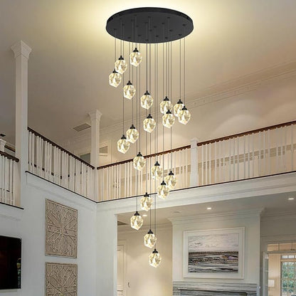 Large High Ceiling Chandeliers Modern Long Spiral Staircase Crystal Chandeliers,K9 Crystal Drop Chandelier for Foyer Entryway 20 Lights Black D28XH135inch