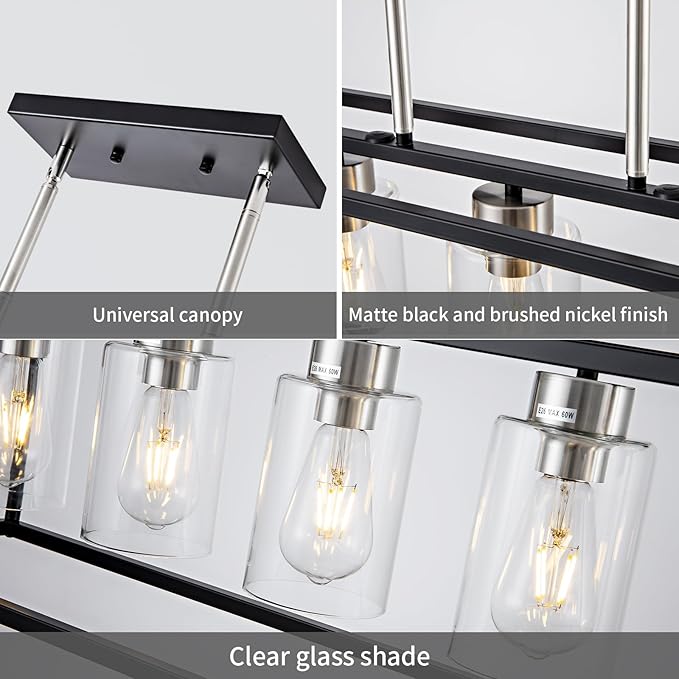 6 Lights Modern Dining Room Light Fixtures Over Table Black & Brushed Nickel Farmhouse Chandeliers Rectangular Pendent Lighting for Kitchen with Glass Shade Linear Hanging Industry Ceiling Light