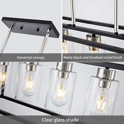 6 Lights Modern Dining Room Light Fixtures Over Table Black & Brushed Nickel Farmhouse Chandeliers Rectangular Pendent Lighting for Kitchen with Glass Shade Linear Hanging Industry Ceiling Light