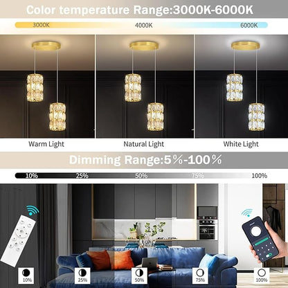 2-Lights Modern Crystal Pendant Lights for Kitchen Island LED Dimmable Glam Pendant Lighting Chandelier for Dining Room Hallway Corner Lamp Gold