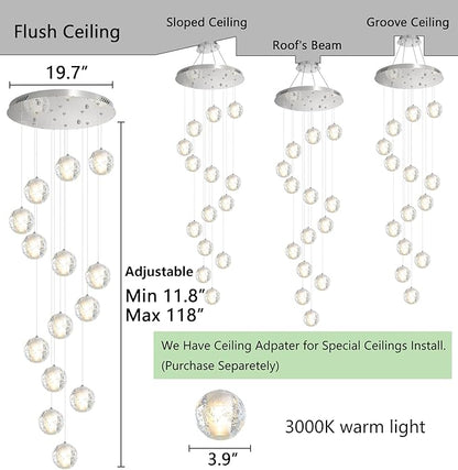HAIXIANG 14-Lights Modern Chandelier Bubble Crystal 118" Long Lights for Living Room Entrance Foyer Sloped High Ceiling Spiral Pendant Lighting Warm Ligh Bulbs Silver Lights