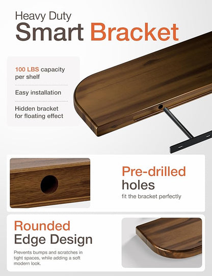 BATODA Set of 2 24” Acacia Floating Shelves for Wall (Round Edge) - Floating Bookshelf Wall - Storage Wood Shelves for House Decor, Kitchen, Bathroom - Brackets and Hardware Included (Walnut Color)