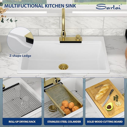 Sarlai Granite Composite Sink 33 Inch Drop In Waterfall Kitchen Sink Workstation Sink with Faucet White Quartz Classic Single Bowl Topmount Multifunction Sinks with Waterfall