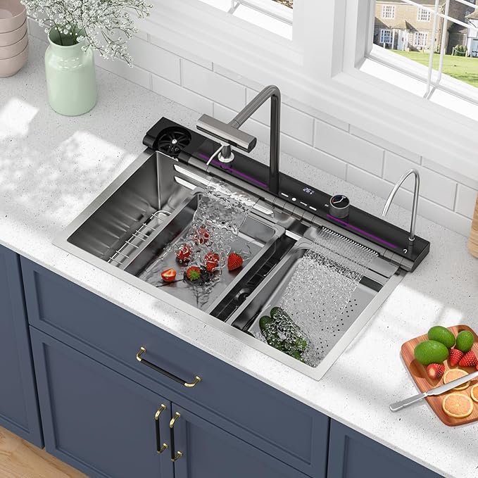 30 Inch Smart Waterfall Kitchen Sink - Beslend 30x19 Stainless Steel Drop In Waterfall Sink Topmount Workstation 16 Gauge Modern Sinks Single Bowl with Faucet, Cup Washer and Digital Display