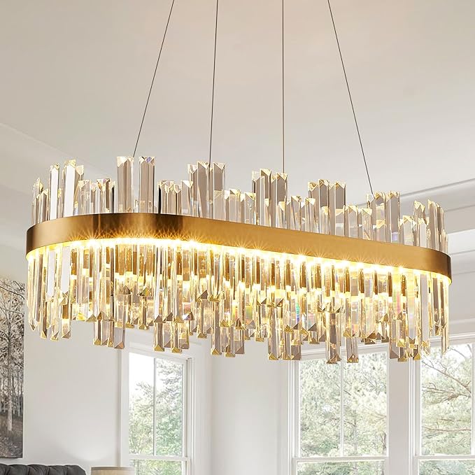 39.3" Dimmable Rectangle LED Crystal Chandeliers,Gold Chandelier Light, 3 Colors Contemporary Pendant Ceiling Light for Dining Room Living Room Kitchen Island Entryway Foyer ,With Remote Control