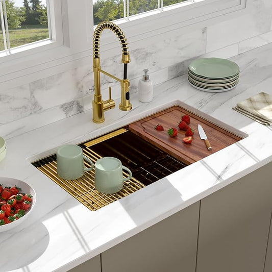 33x19 Undermount Gold Kitchen Sink - Beslend Stainless Steel Ledge Workstation Kitchen Sinks Gold Sink 16 Gauge Single Bowl Undermount Basin