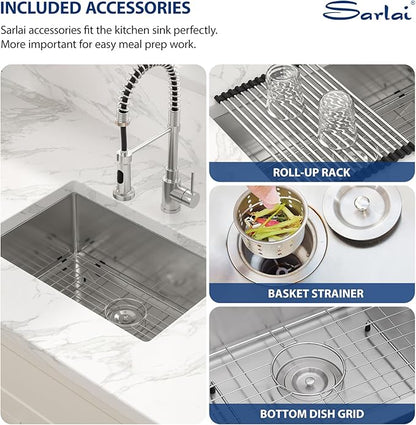 Sarlai 26 Inch Undermount Kitchen Sink- 26x18 Inch Undermount Stainless Steel16 Gauge Single Bowl Under Counter Kitchen Sink Round Corner Basin