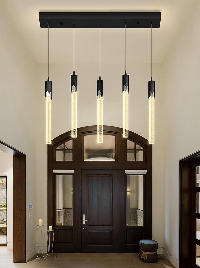 Flashing God 5-Lights Rectangular Pendant Lights for Kitchen Island Black Linear Crystal Chandelier Modern Chandeliers for Kitchen Island Dining Room