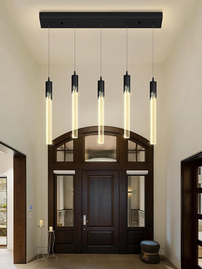 Flashing God 5-Lights Rectangular Pendant Lights for Kitchen Island Black Linear Crystal Chandelier Modern Chandeliers for Kitchen Island Dining Room