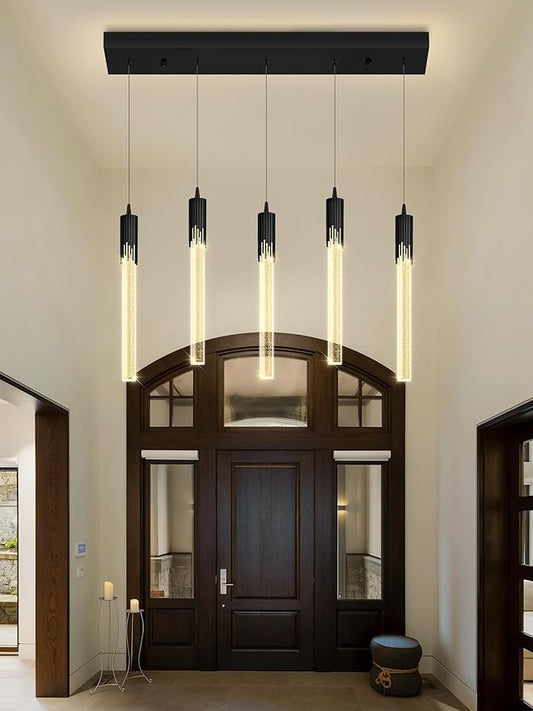 Flashing God 5-Lights Rectangular Pendant Lights for Kitchen Island Black Linear Crystal Chandelier Modern Chandeliers for Kitchen Island Dining Room