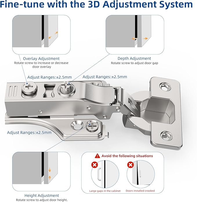 Chibery 4 Pack 3/4" Full Overlay Soft Close Concealed Hinge for Face Frame ＆ Frameless Door, 3D Adjustment, Clip-on Plate, Slow Self Closing Hidden Satin Nickel, 105° Stainless Steel Hinges, 5/8"