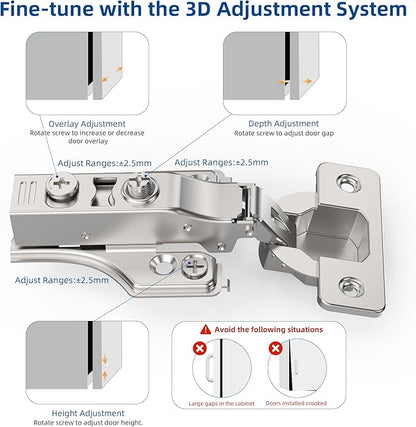 Chibery 2 Pack 3/4" Full Overlay Soft Close Concealed Hinge for Face Frame ＆ Frameless Door, 3D Adjustment, Clip-on Plate, Slow Self Closing Hidden Satin Nickel, 105° Stainless Steel Hinges, 5/8"