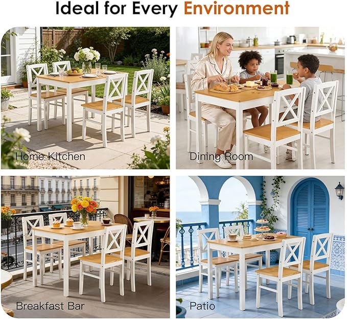 Majnesvon 5 Piece Dining Table Set for 4, Farmhouse Kitchen Table Set with Chairs, Wood Dining Table Chair for Kitchen, Restaurant, Apartment (Ancient White)