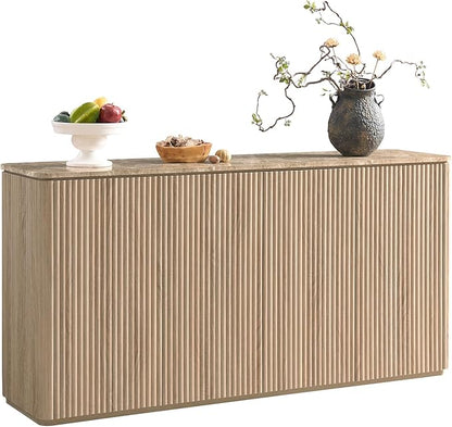 Fluted 4 Doors Sideboard Cabinet with Storage, 64" Wooden Credenza with Shelves, Faux Marble-Top Coffee Bar Console Table, Modern Buffet Cabinet for Dining, Kitchen, Living Room, Entryway, Natural Oak