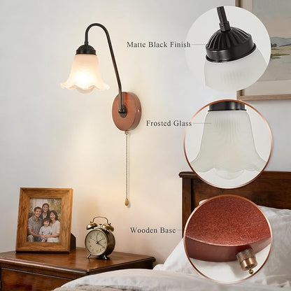 Vintage Pull Chain Wall Sconce Light with Switch Black Wall Lights Fixture Retro E26 Industrial Farmhouse Wall Lamp Hard Wired Sconces Lighting for Mirror Bedroom Bathroom Hallway