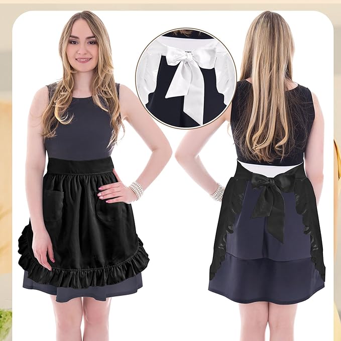 Geyoga Aprons for Women with Pockets Kitchen Cooking Waitress Maid Apron Vintage Skirt Cute Ruffle Dress Costume(Black,Waist Style)