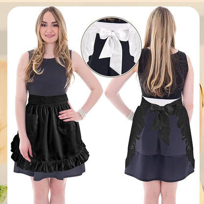 Geyoga Aprons for Women with Pockets Kitchen Cooking Waitress Maid Apron Vintage Skirt Cute Ruffle Dress Costume(Black,Waist Style)