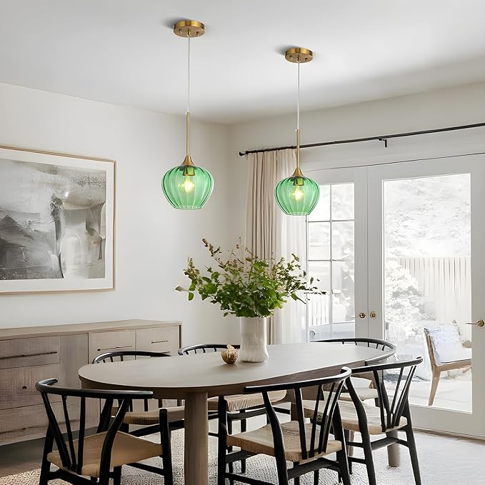 Green Glass Pendant Light, 7 Inch Modern Gold Pendant Lighting Vintage Ceiling Fixtures Mini Hanging Lamp for Kitchen Island Dining Room Restaurant Sink Foyer Entryway