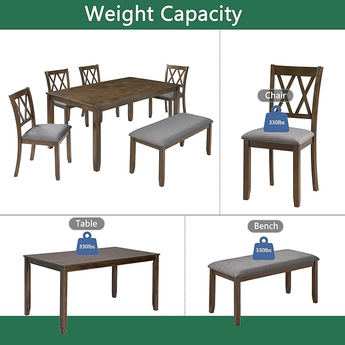 6-Piece Dining Table Set for 6 People, Wooden Rectangular Kitchen Table with 4 Upholstered Chairs and a Bench, Modern Dining Room Table Set for Kitchen and Dining, Walnut