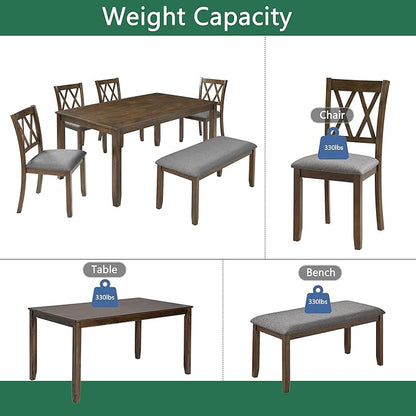 6-Piece Dining Table Set for 6 People, Wooden Rectangular Kitchen Table with 4 Upholstered Chairs and a Bench, Modern Dining Room Table Set for Kitchen and Dining, Walnut