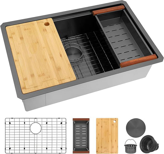 27 Inch Black Undermount Kitchen Sink,16 Gauge Stainless Steel Kitchen Sink Single Bowl, 27"x19"x9" Undermount Sink Ledge Workstation Sinks With All Accessories, Multi-Functional Sinks
