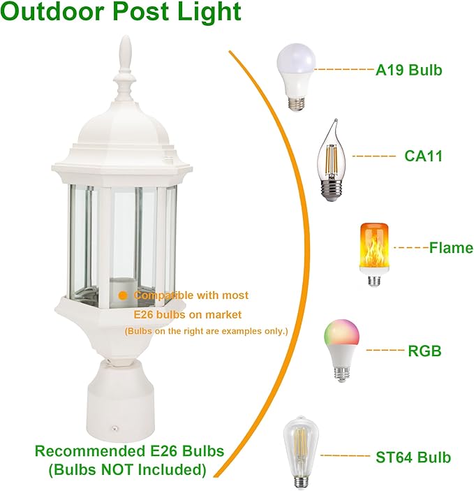 LIT-PaTH Outdoor Post Lighting Fixture Pole Lantern, E26 Medium Base Max 60W, Aluminum Housing Plus Glass, 1-Pack, White Finish