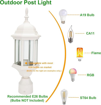 LIT-PaTH Outdoor Post Lighting Fixture Pole Lantern, E26 Medium Base Max 60W, Aluminum Housing Plus Glass, 1-Pack, White Finish
