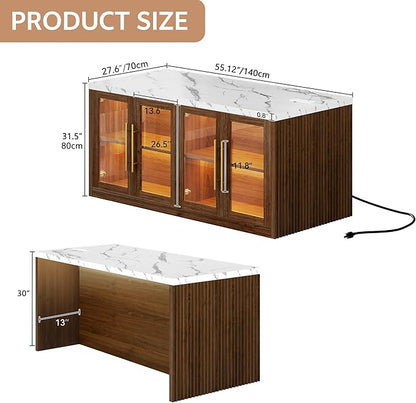 Kitchen Island with Storage, 55" W Large Island Table with LED Light for Dining Room, Kitchen Carts on Wheels Breakfast Bar Table w/Power Outlet, Walnut