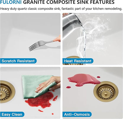 33 Granite Composite Kitchen Sink Double Bowl - Fulorni 33"x19" Granite Kitchen Sink White Undermount Double Bowl 50/50 Quartz Classic Composite Under Counter Basin