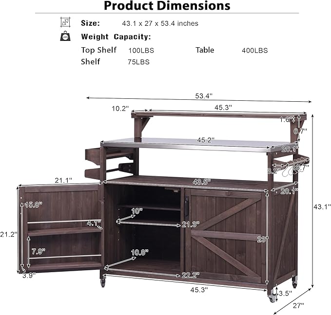 YOPTO 53.3" Outdoor Kitchen Island with Raised Shelf,Solid Wood Grill Cart,Stainless Steel Top,Adjustable Shelf,Spice Rack,Lockable Wheels,Brown