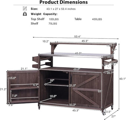 YOPTO 53.3" Outdoor Kitchen Island with Raised Shelf,Solid Wood Grill Cart,Stainless Steel Top,Adjustable Shelf,Spice Rack,Lockable Wheels,Brown